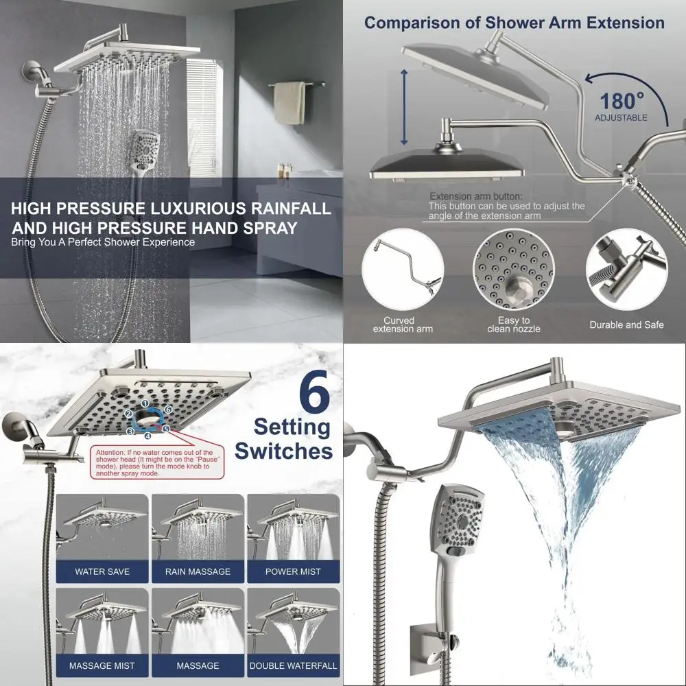 

Регулируемая двойная душевая лейка 60 см с ручным распылителем, режимами «тропический ливень» и «массаж», отделка из матового никеля