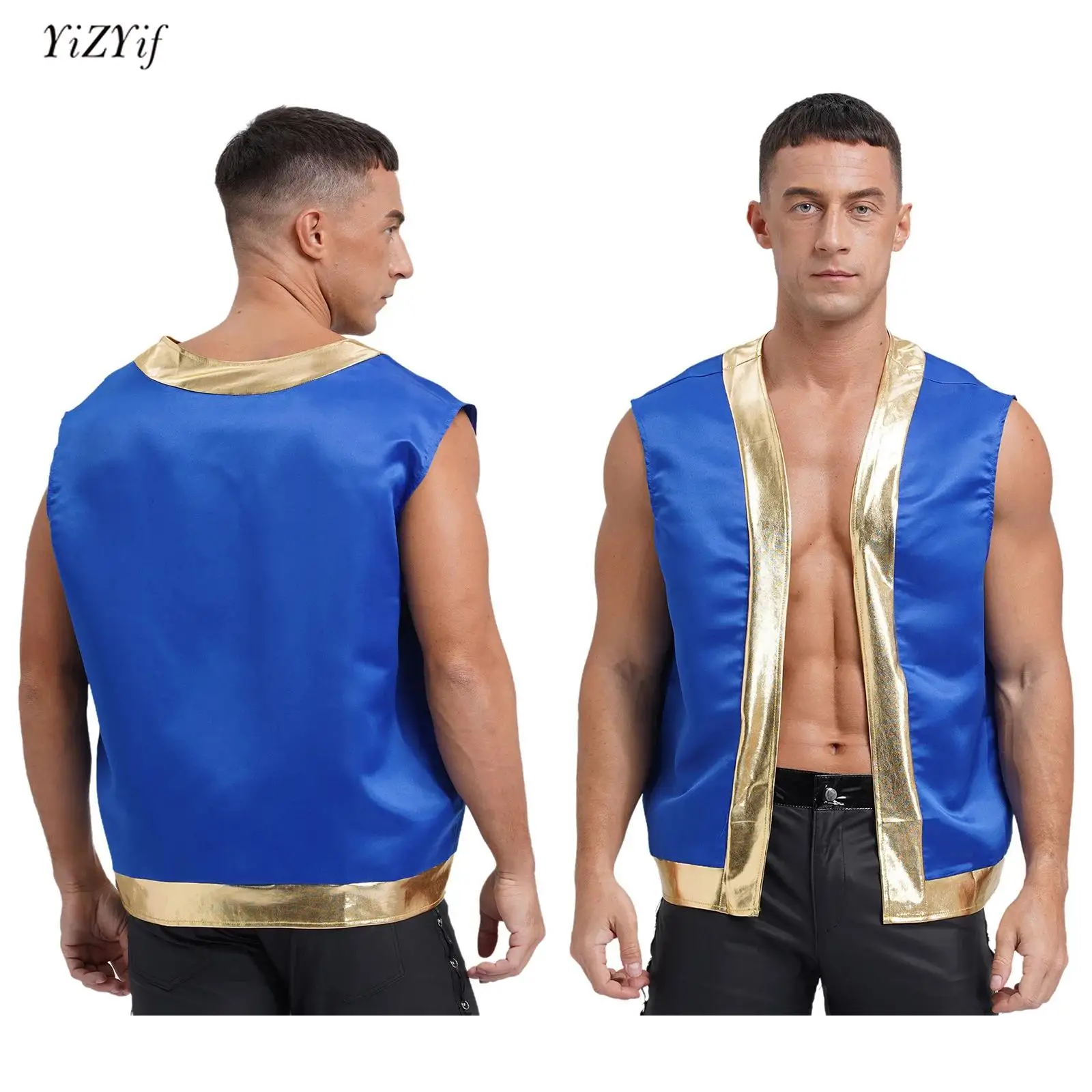 

Mens Halloween Toad Vest Costumes Open Front Metallic Shiny Trim Contrast Waistcoat Cartoon Captain Cosplay for Carnival Party