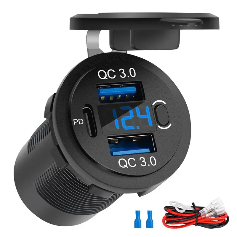 DT21 Waterproof USB Port 12V Outlet, Dual QC3.0 18W & PD 30W Car Socket with Voltmeter for Marine Boat RV