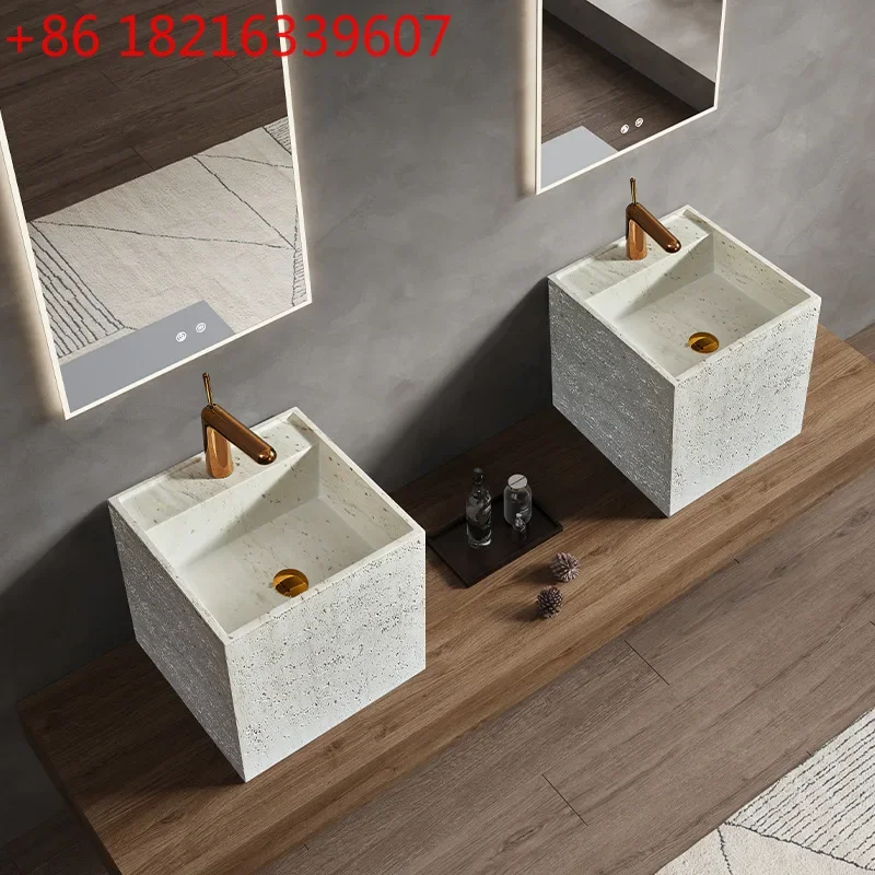 Minimal light luxury travertine table wash basin hotel villa bed and breakfast bathroom integrated molding