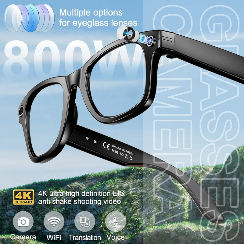 

2025 New Men 800W Pixel AI Camera Smart Glasses 4K Ultra HD WiFi Translation Voice Call Waterproof Anti Blue Light Man Glasses