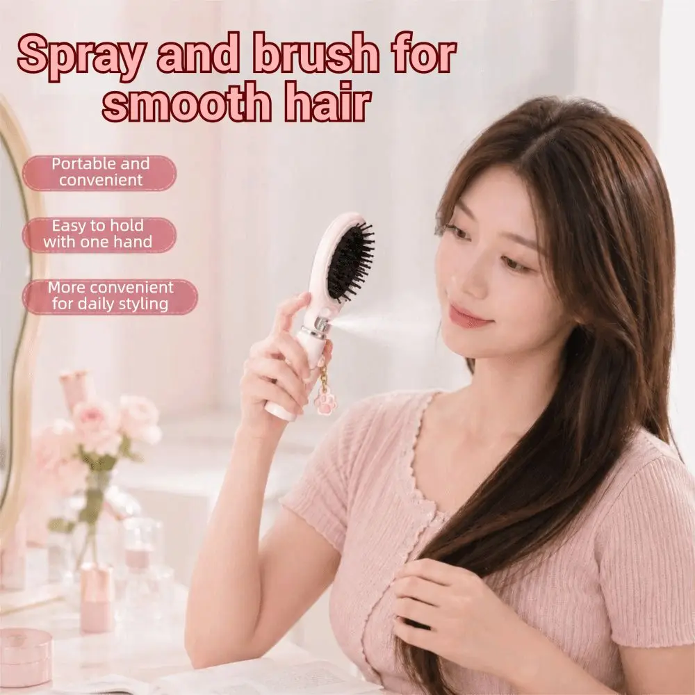 New Refillable Spray Misting Hair Brush Anti-Frizz Cat Paw Pendant Spray Hair Brush Anti-Static Massage Hair Brush Women
