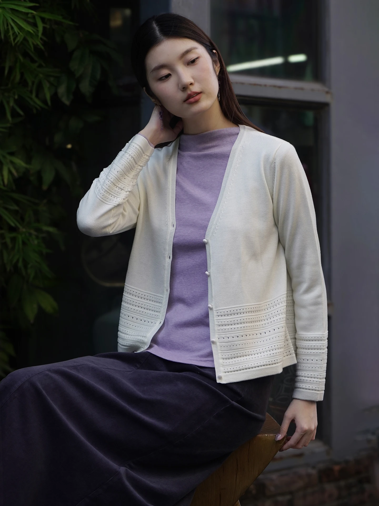 

Woon Cardigan Knitted Outerwear Dust-Free Wheat White Versatile Daily Wear V-Ne Long Sve Loose Fit Spring Autumn