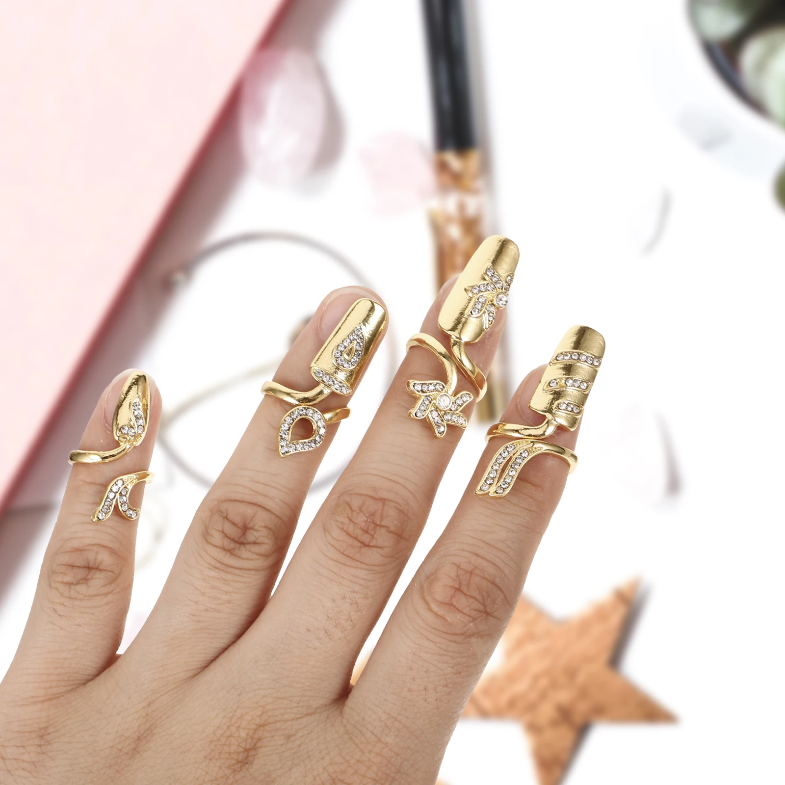 

4pcs Rings Fingernail Nail Decorative Rings Set Alloy Finger Decor Elegant Hand Jewelry for Wedding Prom Hand Jewelry Gift