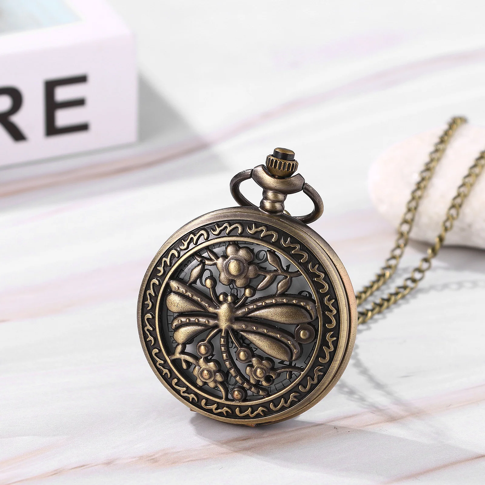 LANCARDO Hollow Dragonfly Decorated Quartz Pocket Watch Arabic Numeral Scale Necklace Sweater Chain Pocket Watch Home Casual