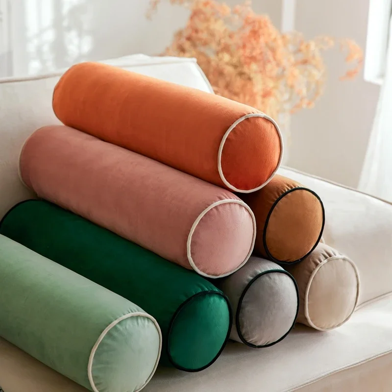 Solid Velvet Bolster Pillow With Corded Edge Removable Cover Cylindrical Neck Roll Pillow 17.5x56cm For Bed Sofa Home Decoration