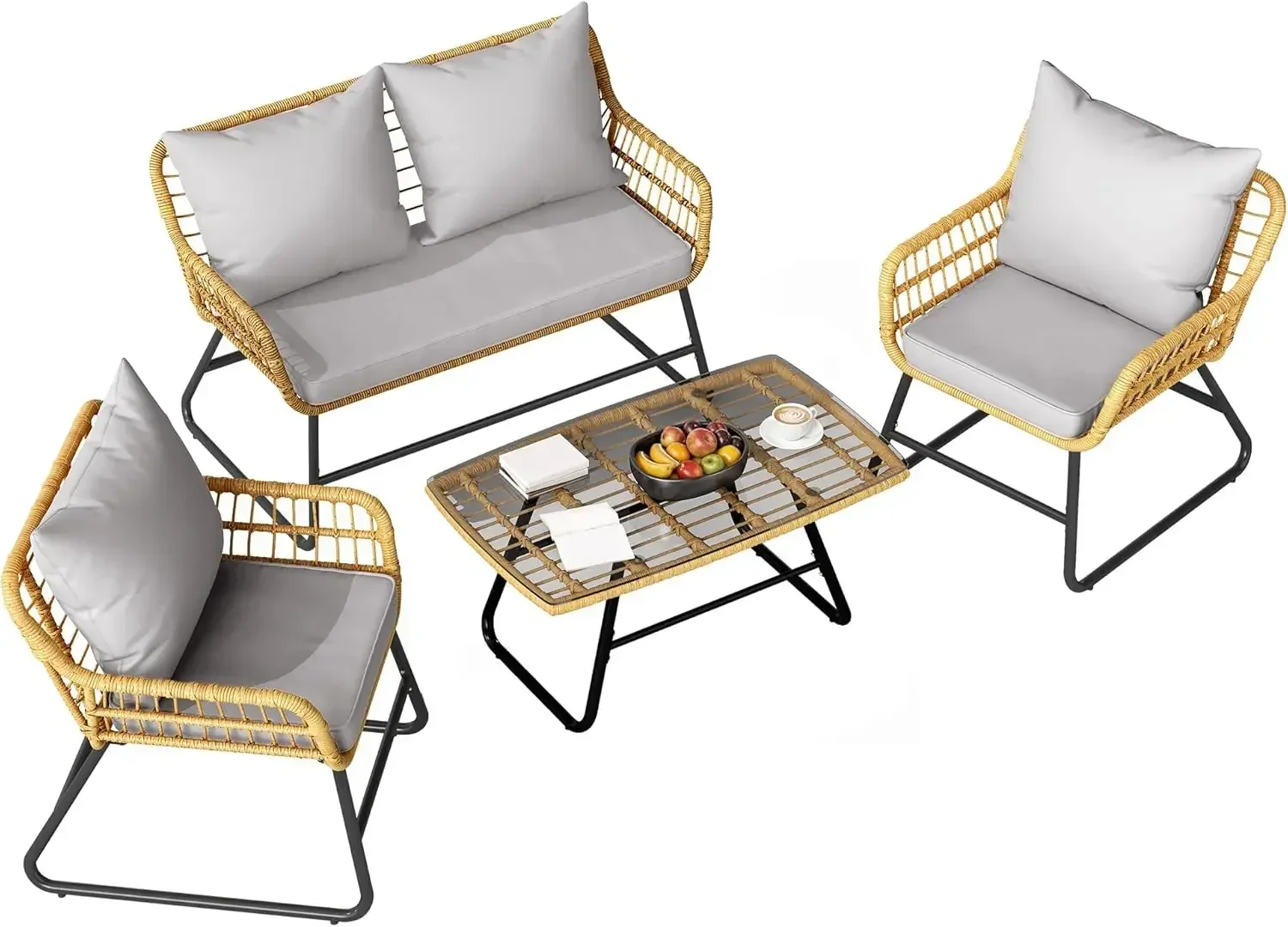 

Outdoor Conversation Set 4 Piece, Outdoor Wicker Bistro Set with Removable Cushion, Wicker Patio Furniture for Garden