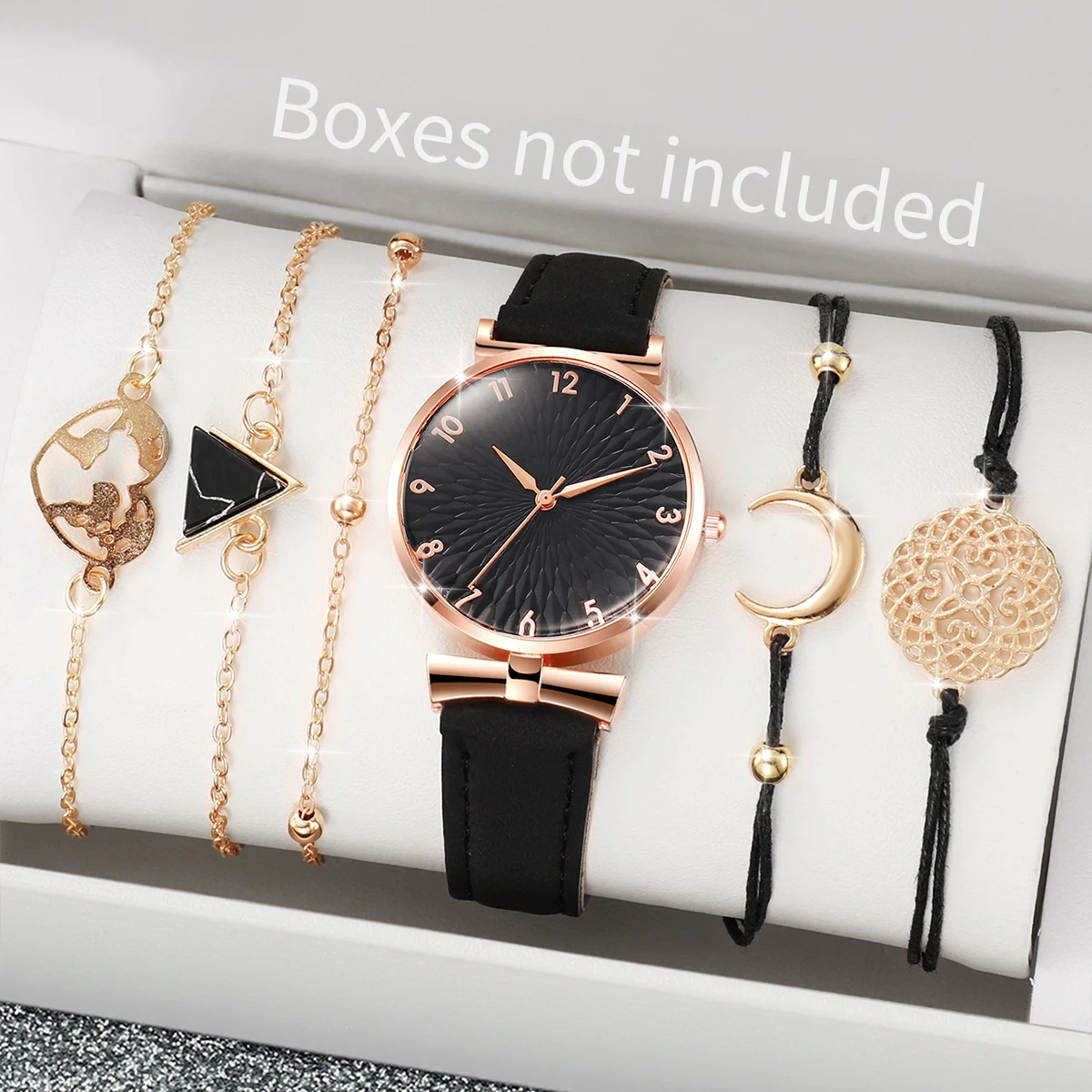 6PCs/Set Women's Minimalist Quartz Watch Fashion Black Leather Strap Watch With Triangle Bracelet