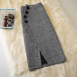 Koreańska moda jesienno-zimowa nowa wełniana damska wysokiej talii Houndstooth kieszenie guzik nieregularna elegancka spódnica średniej długości o linii A