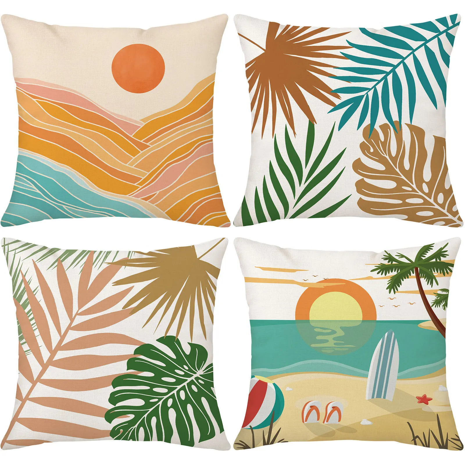 Fundas de almohada de hojas de playa de verano con impresión digital de tela de felpa corta, cojín para sofá en forma de coche