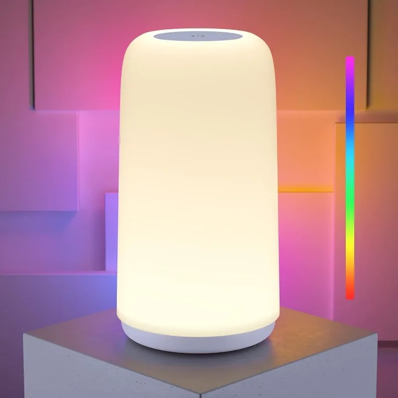 

Сенсорная прикроватная настольная лампа, [элегантный дизайн и режим RGB] Маленькая трехсторонняя лампа с регулируемой яркостью для спальни, светодиодная лампа с теплыми белыми огнями, мульт.