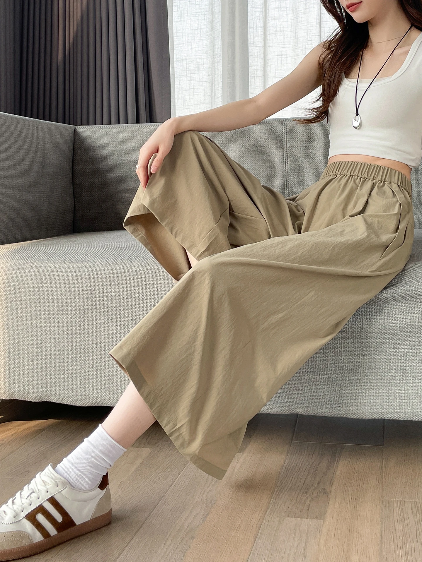 Khaki Wide Leg Pants Women Summer Thin Quick Dry Ice Silk Eighteen Pants Breathable Lightweight Summer Casual High Waist Elas...