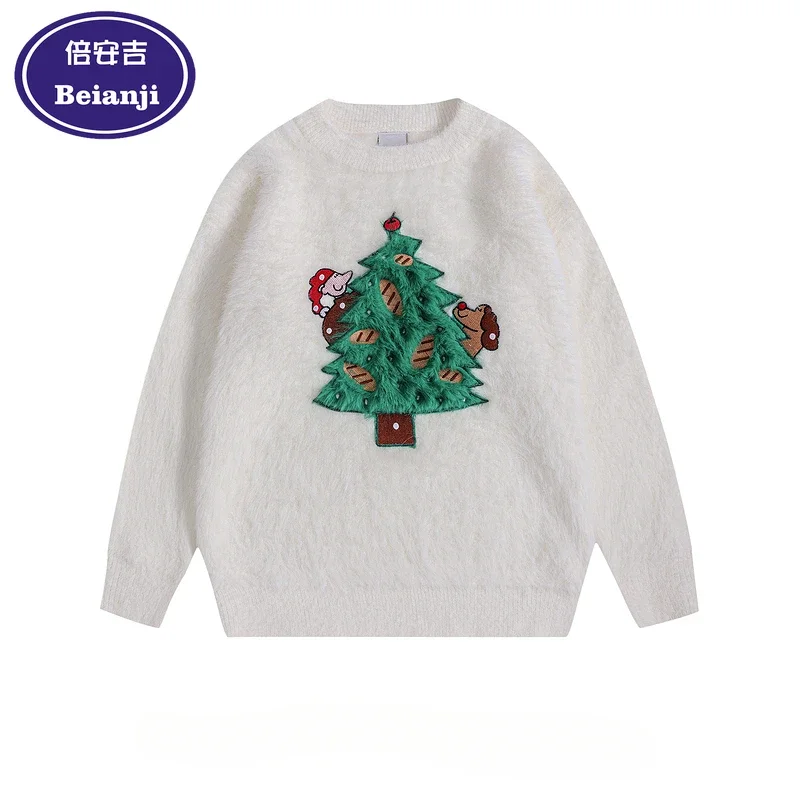 Christmas tree sweater Men's winter flocking atmosphere red sweater hema hair soft waxy pullover round neck casual loose sweater