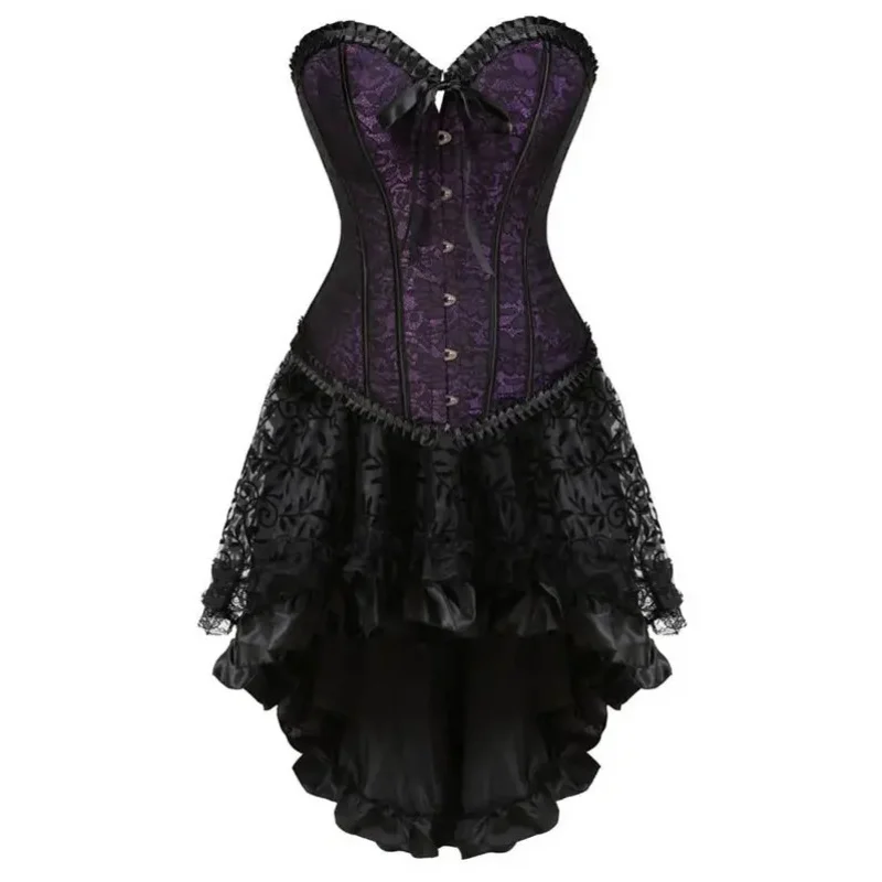 القوطية الأزهار الدانتيل يصل مشد للفستان Showgirl كلوبوير الملابس الداخلية زي هزلي المشدات الكورسيهات وتنورة مجموعة المرأة الغريبة