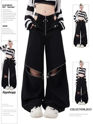 ADAgirl Black Cargo Sweatpants Women Y2k Fashion Baggy Zipper Hollow Out High Waist Wide Leg Sport Pants Hip Hop Causal Trousers