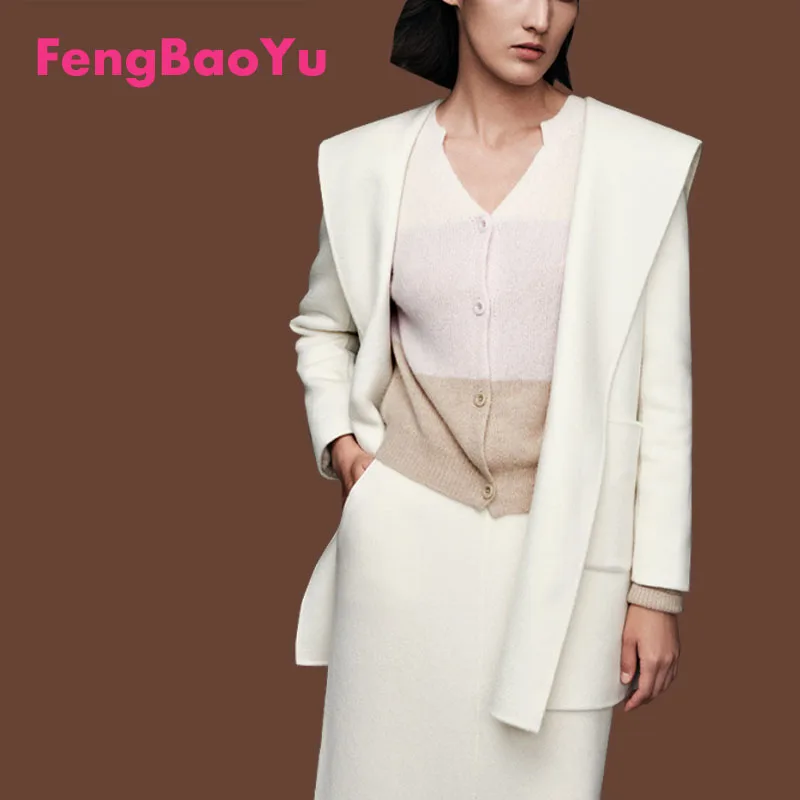 

High-end Cashmere Women's Coat Autumn and Winter New Wool Hooded Lapel White Coat Temperament Outdoor Business Casual Clothing