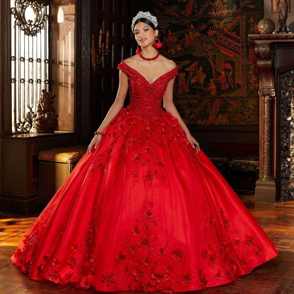 EVLAST Customized Mexico Red Quinceanera Dress Ball Gown 3D Floral Applique Beading Corset Sweet 16 Vestidos De 15 Años TQD145