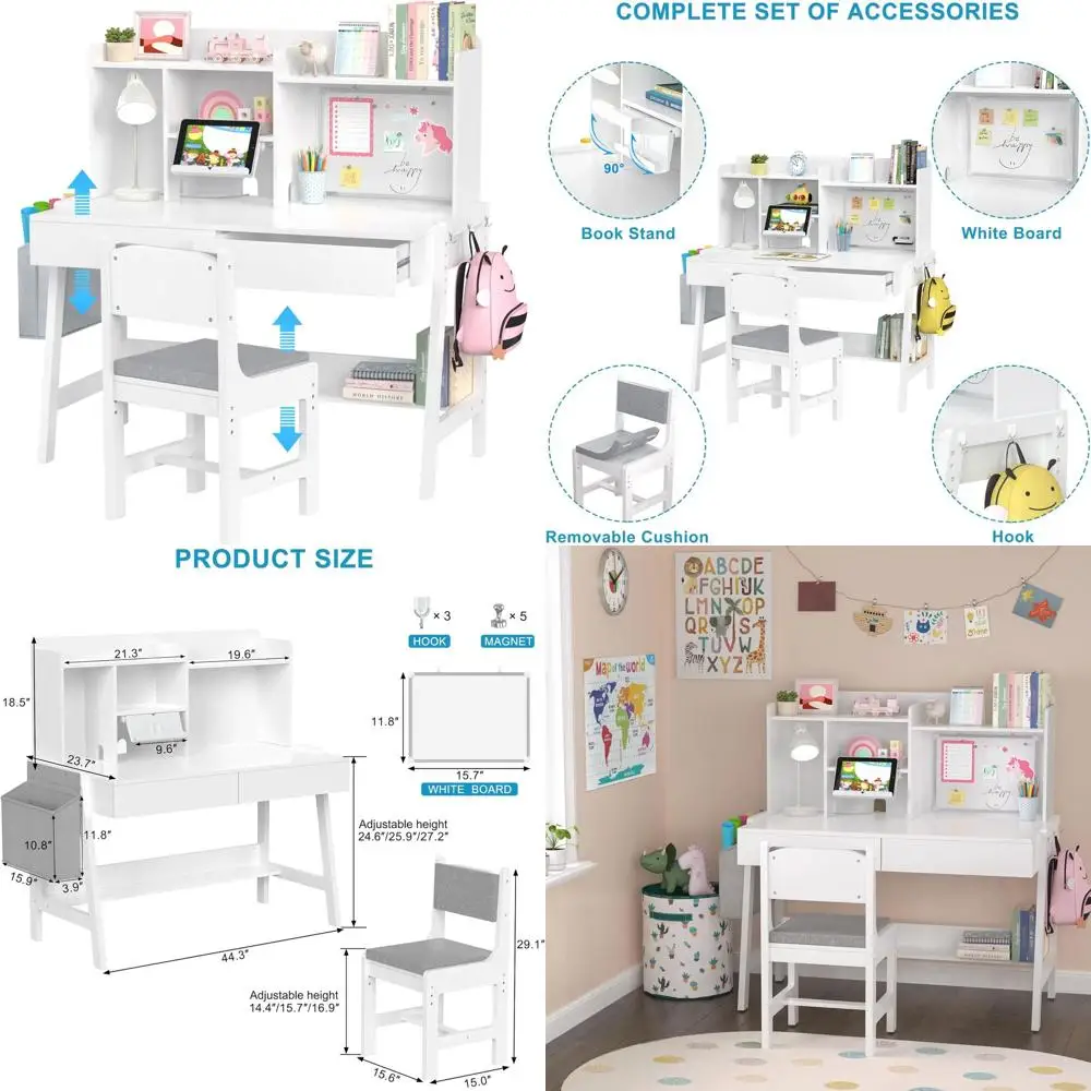 

Adjustable Kids Study Desk with Chair, Wooden Table Set for 5-12 Years, Includes Hutch, Book Stand, Whiteboard, Fabric Storage B