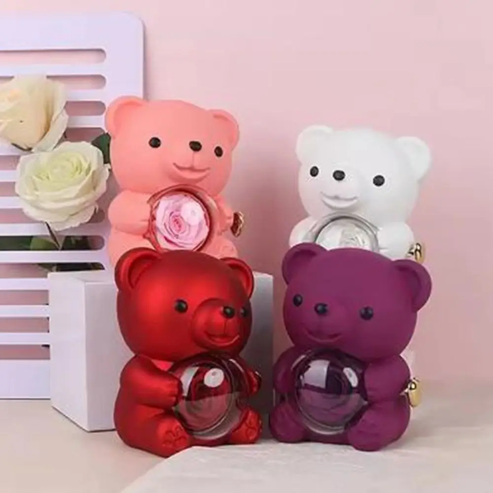 Plastic Rotating Hugging Bear Jewelry Box Cute Jewelry Display Rose Bear Gifts Box Romantic with Soap Rose Jewelry Display Box
