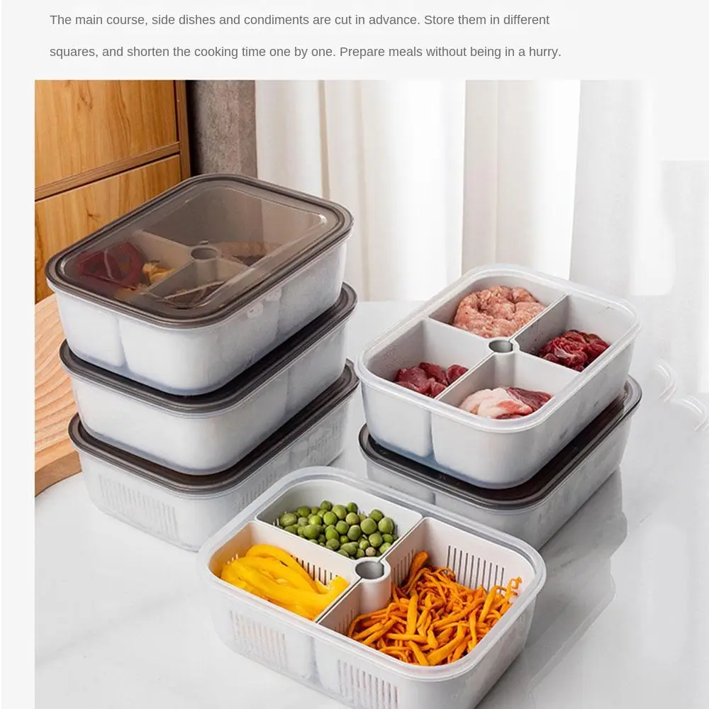 2/3/4 Grids Food Storage Crisper With Lid Kitchen Organizer Containers Meat Plastic Organizing Boxes Vegetable Freezer Box Pack