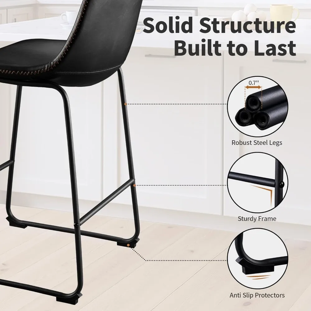 مجموعة مقاعد بار بارتفاع عداد مكونة من 4 قطع، مقاعد للبار مقاس 26 بوصة مع ظهر وأرجل معدنية، كراسي بار جلدية حديثة من Crazy Horse للمطبخ