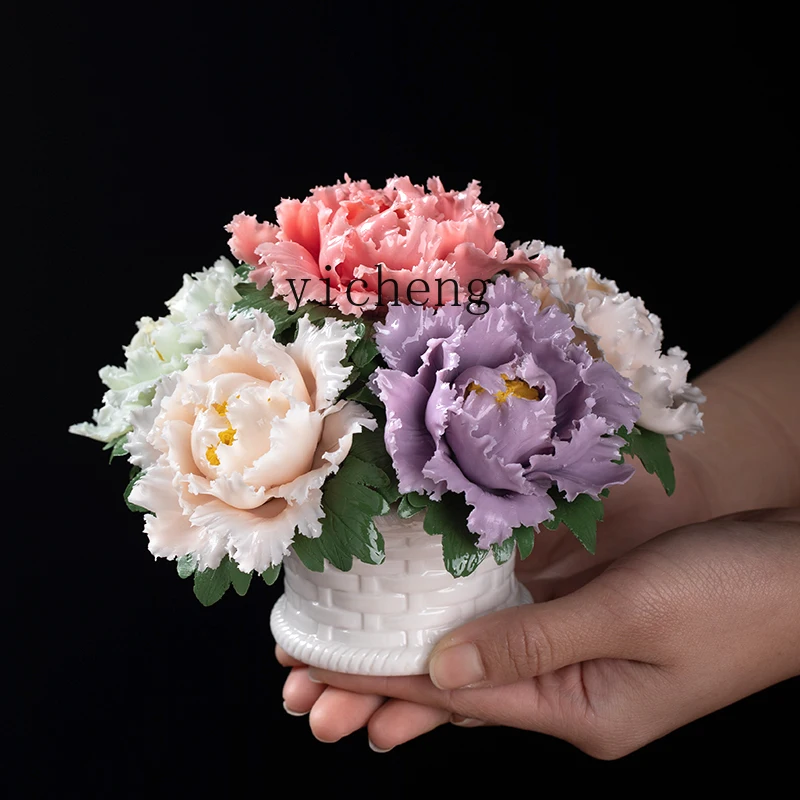 L7-14 intangible cultural heritage handmade porcelain flower peony flower basket decoration office living room ceramic ornament