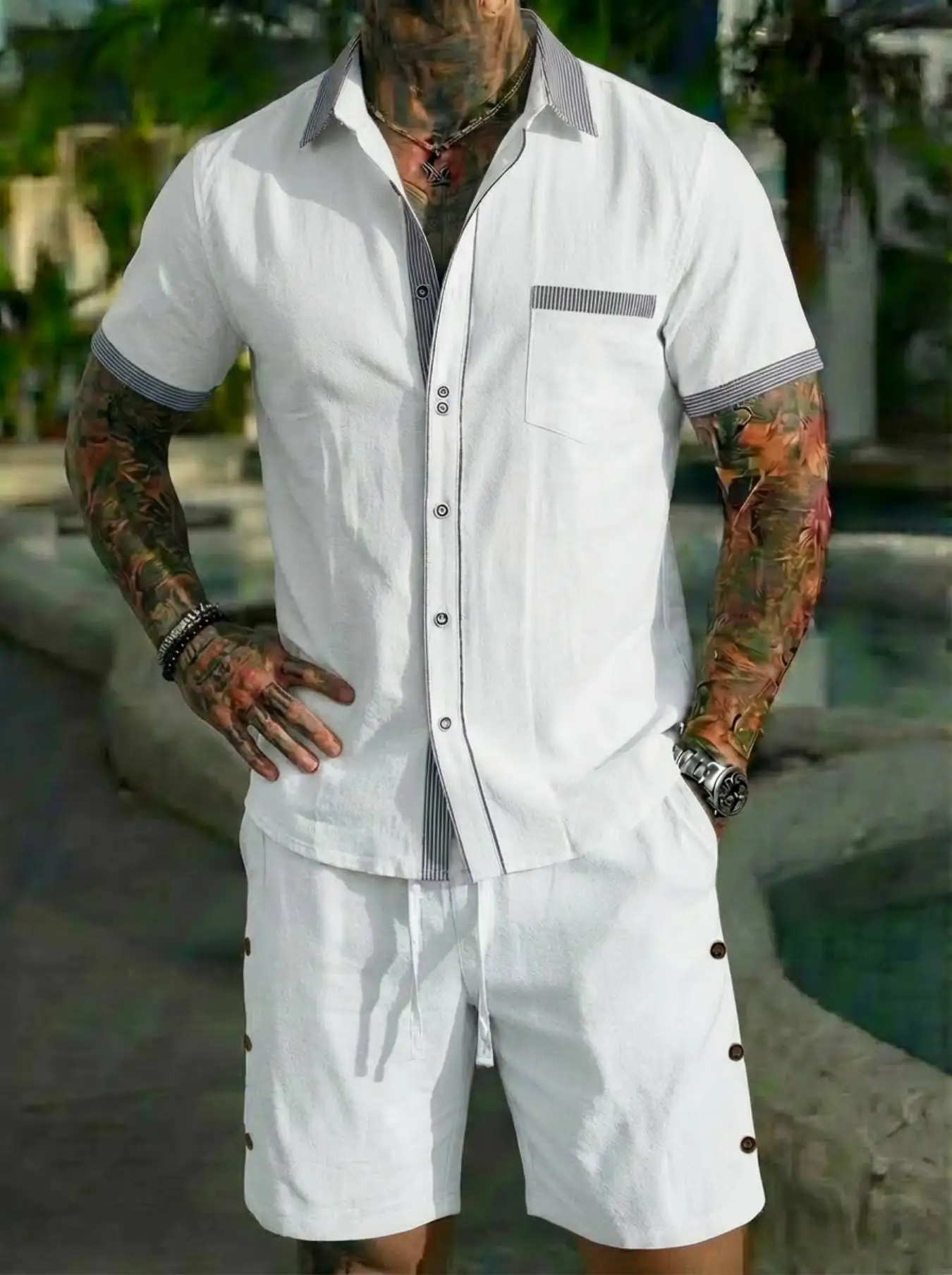 2026 Men's New Linen Pocket Retro Collar Short Sleeve Shirt Set Casual Multi Button Solid Color Striped Cardigan Set