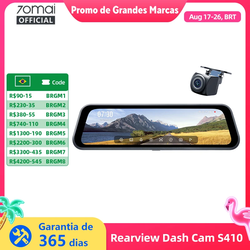 Câmera de Painel Traseiro 70mai S410 com Tela Espelho de 9.35\", Frontal 2K e Traseira 1080P, Abertura F1.55, Supercapacitor, Proteção 24/7