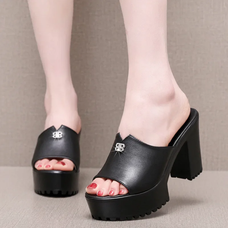 

10CM Heel Femmes Shoes for Woman 2025 Leather Slippers Luxury Designer Sandals Platform Peep Toe Women's Beach Thick Slippers