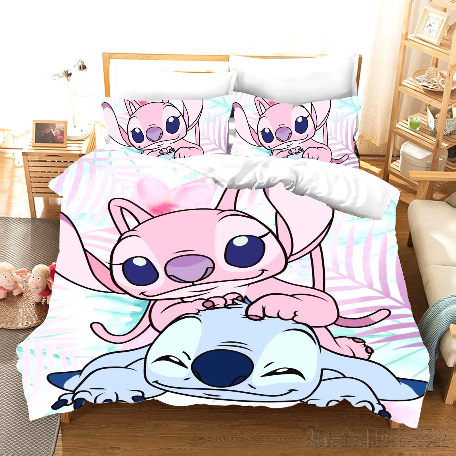 Lilo & Stitc Conjunto de capa de edredom infantil com desenho de amor HD, roupa de cama para crianças, decoração de quarto