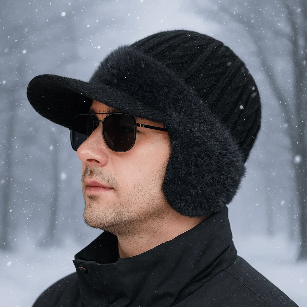 

Thickened Ear Protector Cap Windproof Solid Color Baseball Knitted Cap Coldproof Warm Knitted Peaked Hat Motorcycle
