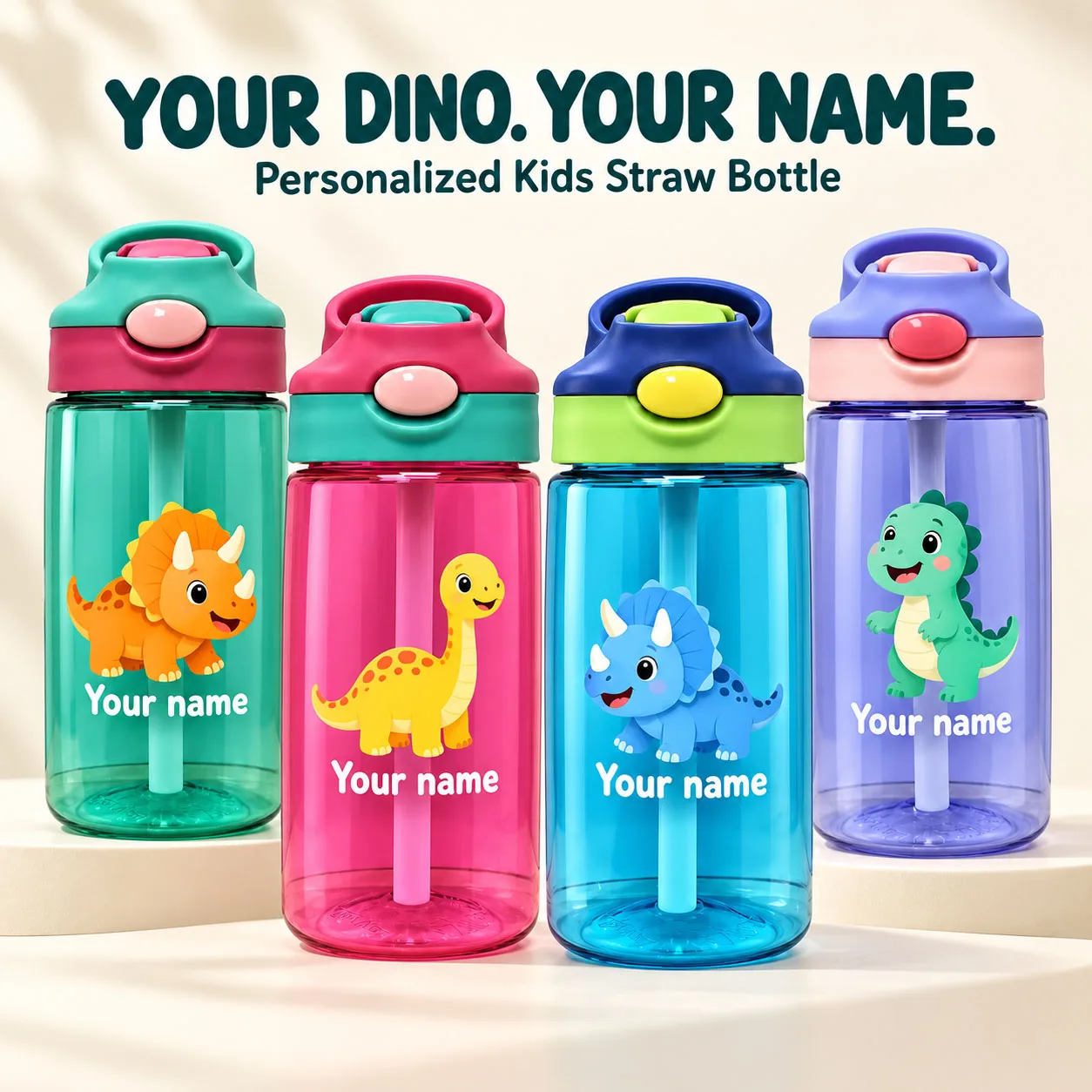 Personalized Kids Water Bottle with Straw Custom Name Dinosaur Cup for Kindergarten School Birthday Gifts Bulk Wholesale
