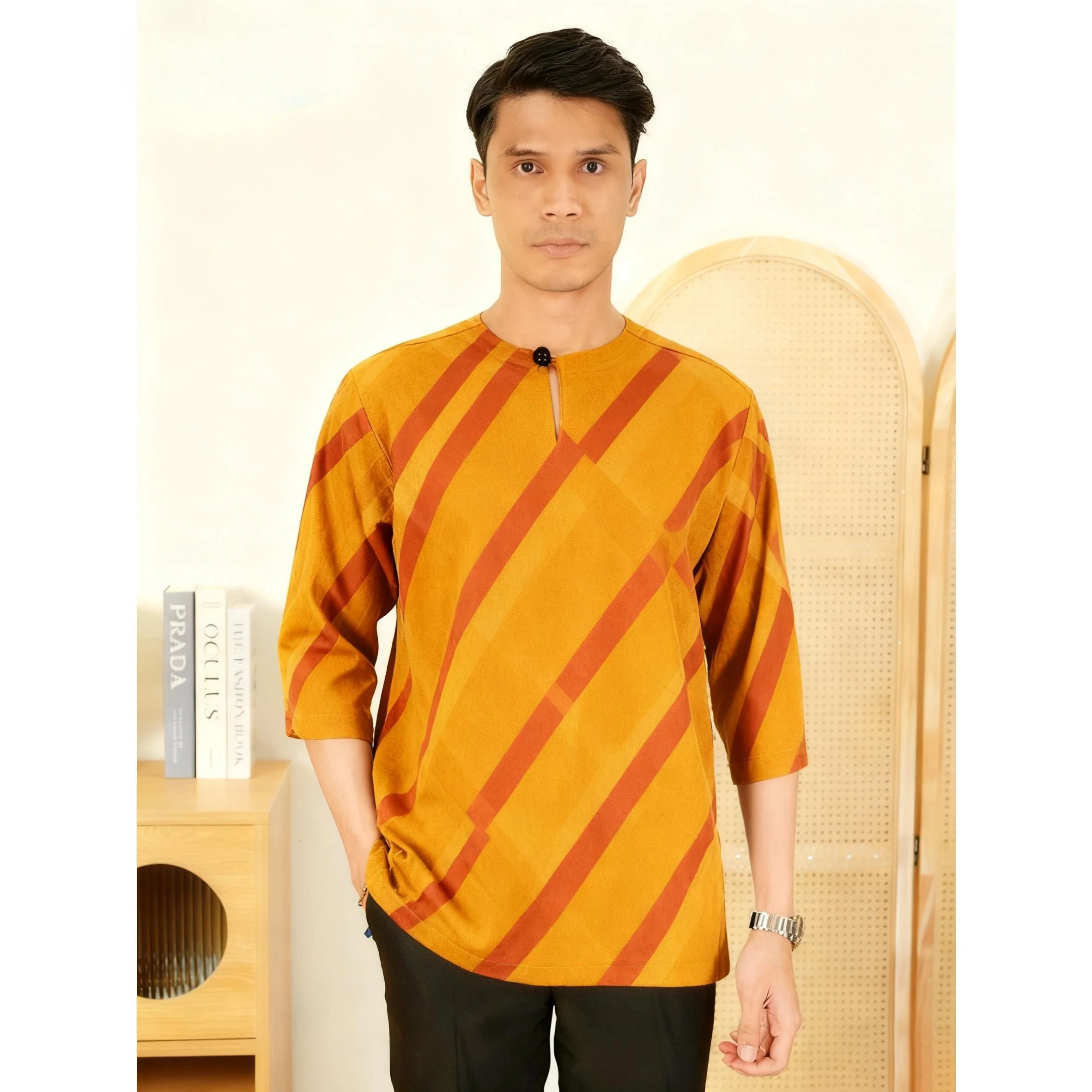 ملابس رجالية مسلمة الوقوف طوق الذهبي ثلاثية الأبعاد طباعة تي شيرتات قصيرة الاكمام العصرية ملابس كاجوال Ropa Arabe De Hombre الإسلامية #5