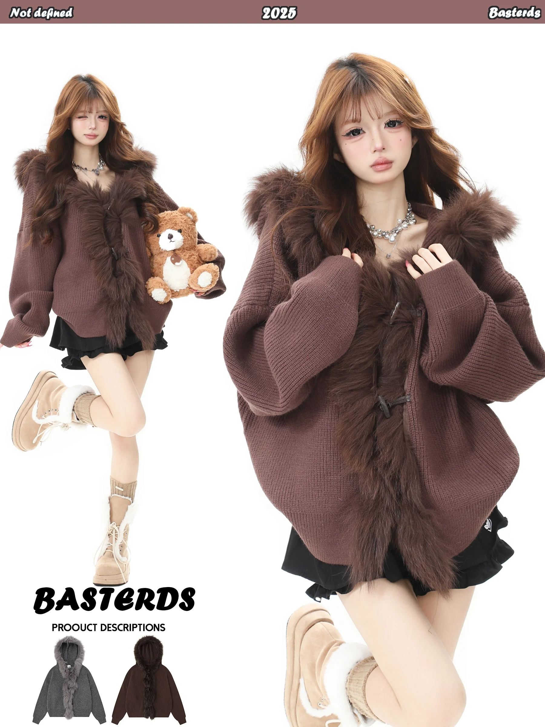 

Basterds Американский дизайн Вязаный свитер с большим меховым воротником и капюшоном Женская осенне-зимняя свободная верхняя одежда Удобная мягкая длинная ...