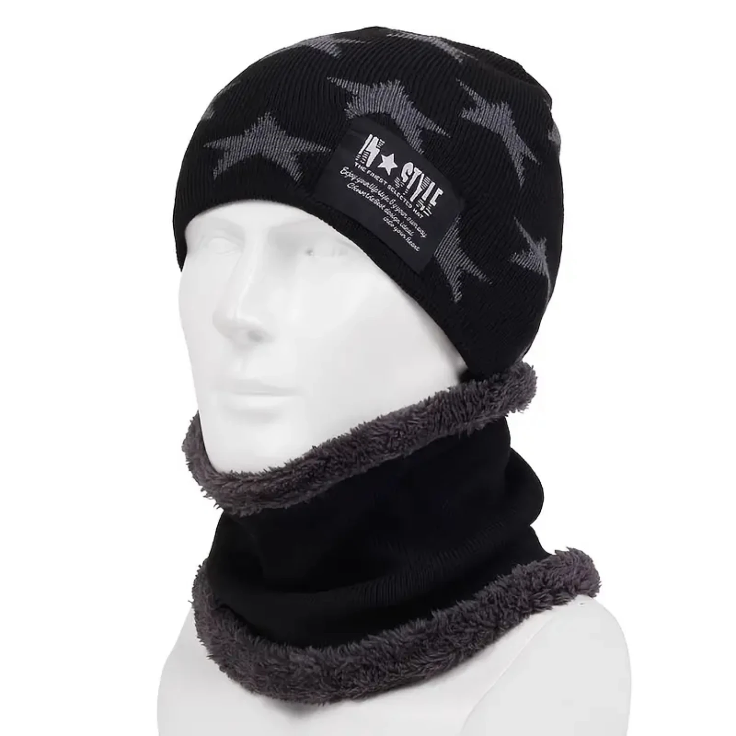 Stylish and Warm Mens Knitted Hat Set with Cozy Fleece Lining for Added Comfort and Protection Against Cold Weather. Perfect fo