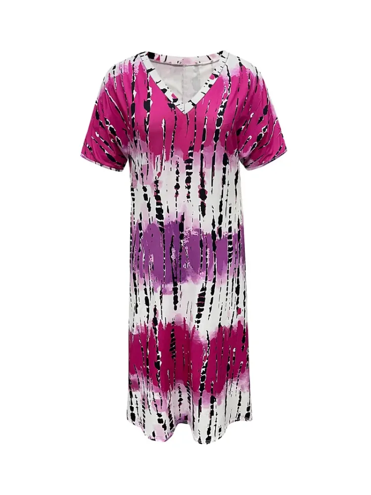 Plus Size Tie Dye V Neck Split Dress Vacation Style Sukienka z krótkim rękawem na wiosnę i lato Odzież damska Plus Size