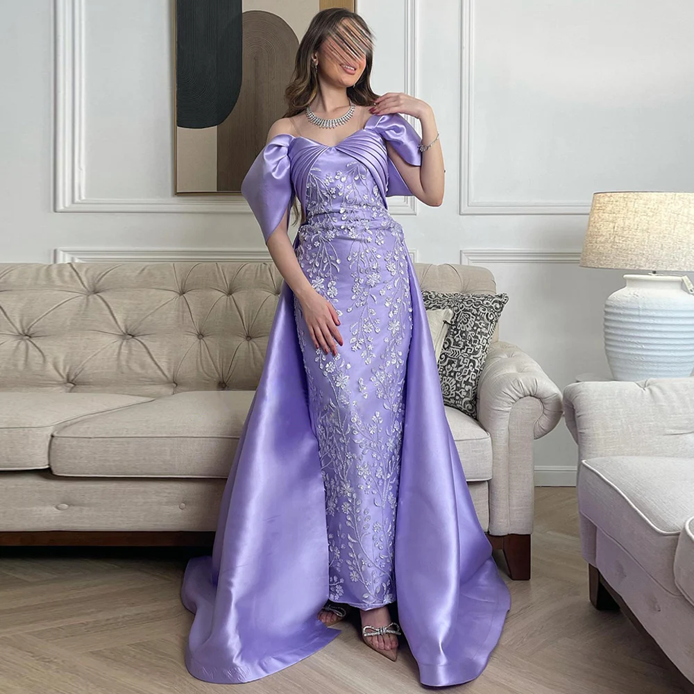 Lilac Prom Dress Off The Shoulder V Neck Pleat Beading Lace Mermaid Evening Dresses Ankle Length Formal Party Gown فساتين سهرة