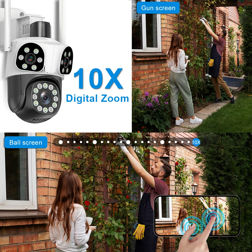 6K 12MP WiFi Camera Outdoor 10x Zoom Triple Lens Triple Screen Security Mobile Body Detection Outdoor IP CCTV Survalance