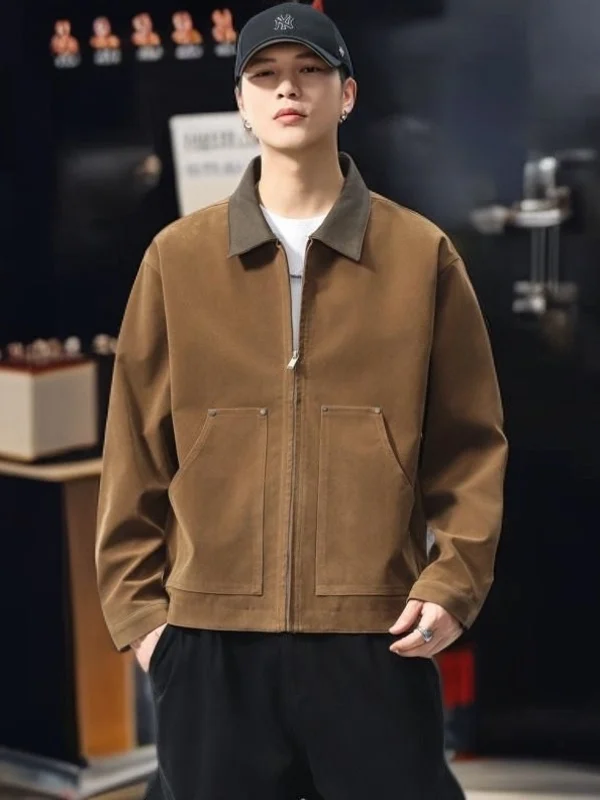 

Свободная повседневная двусторонняя одежда в стиле ретро в американском стиле с джатовым воротником в стиле пэчворк, новая осенняя мужская модная верхняя одежда