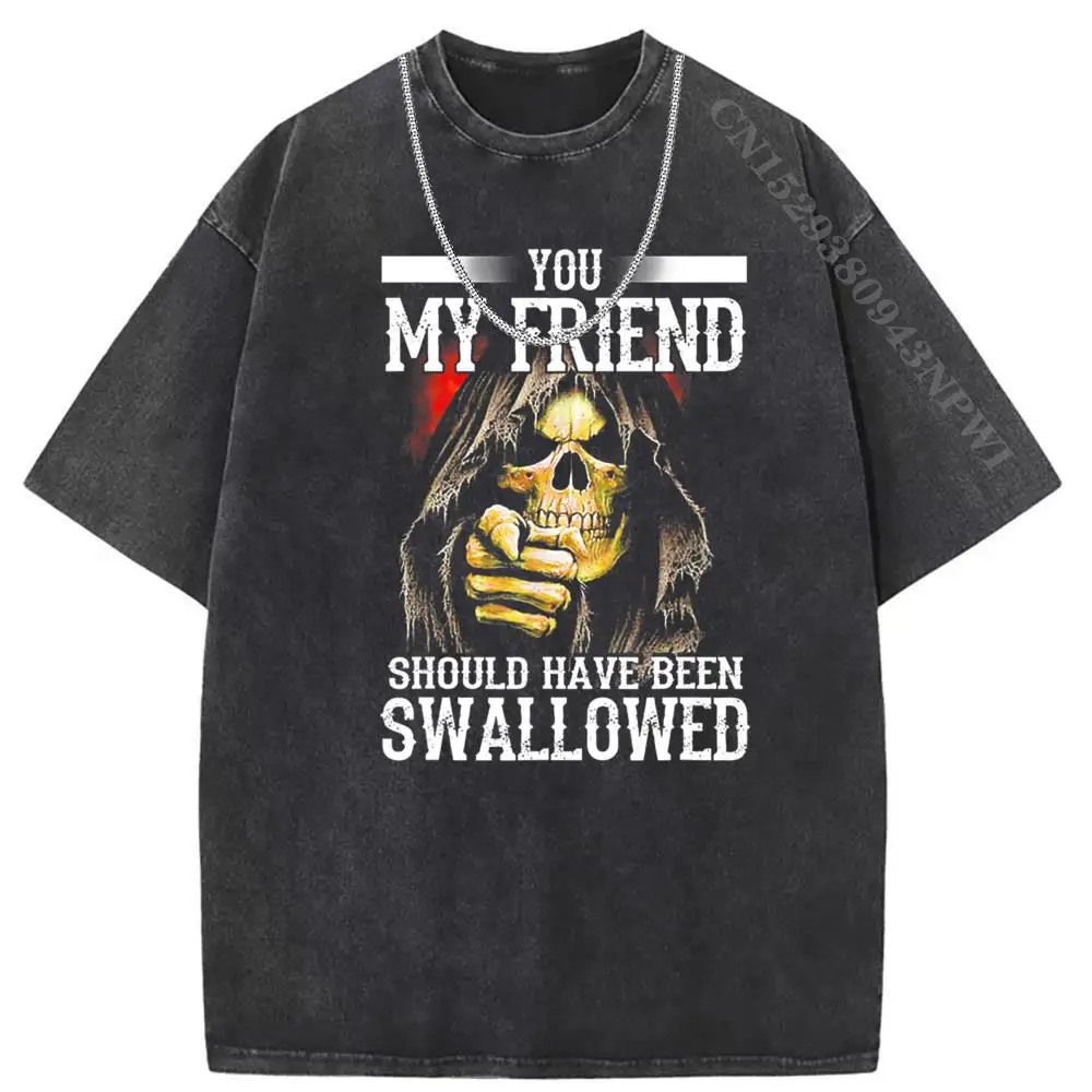 You My Friend Skull Washed Tshirt for Men Harajuku 2023 New Arrivals Fahsion Retro Skulll Rock Tshirts Men HipHop Streetwear