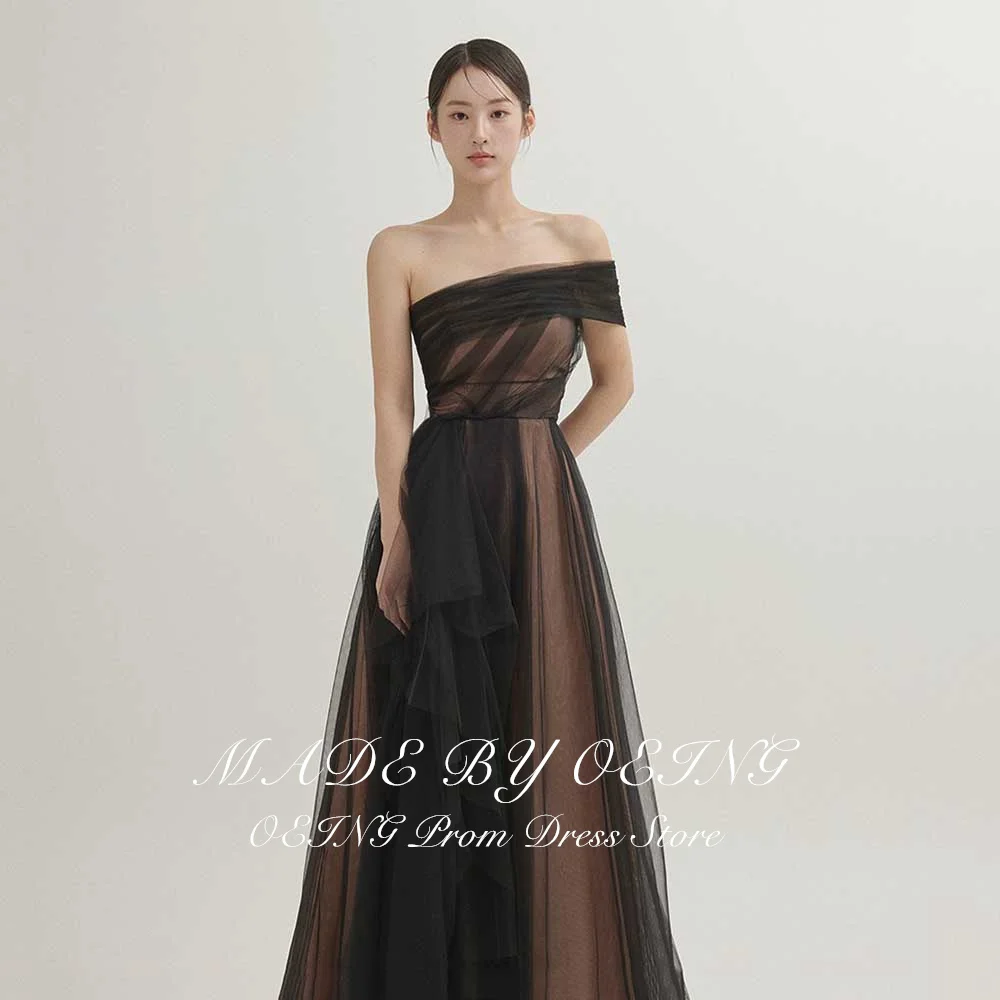 OEING Black Tulle Evening Dresses Korea Fairy One Shoulder Party Formal Prom Gowns Corset Back Floor Length Wedding Photoshoot