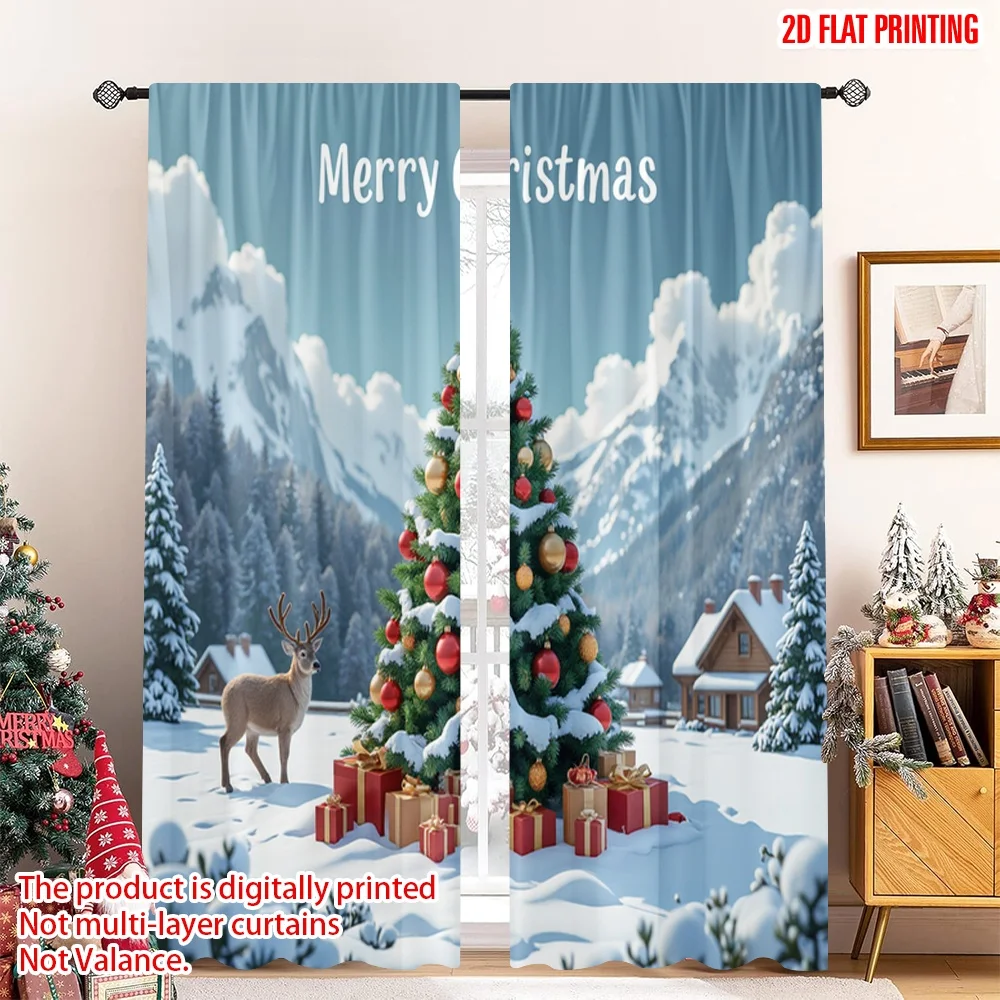 

2pcs 2D flat printing Merry Christmas Popular Window Drapes Christmas Scene Santa Reindeer Gifts 100% Polyester Without