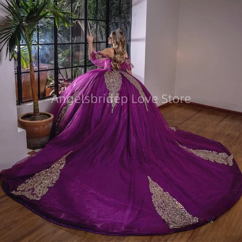 Angelsbridep-vestido De baile personalizado, Vestidos Quinnceanera, apliques De oro púrpura, Vestidos De fiesta De noche para mujer, Vestidos De Xv Años