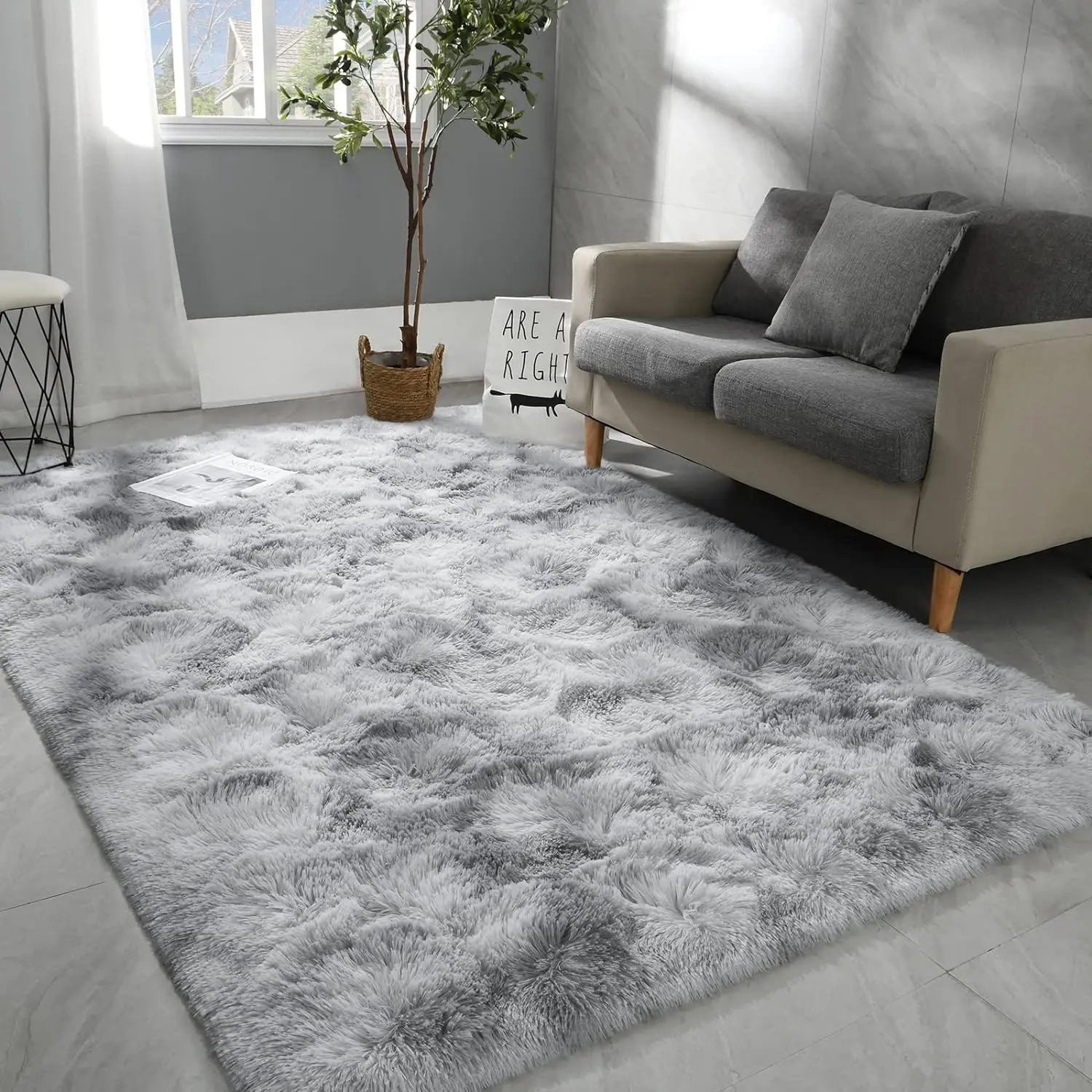 

6x9 Large Area Rugs for Living Room, Super Soft Fluffy Modern Bedroom Rug, Tie-Dyed Light Grey Indoor Shag Fuzzy Carpets