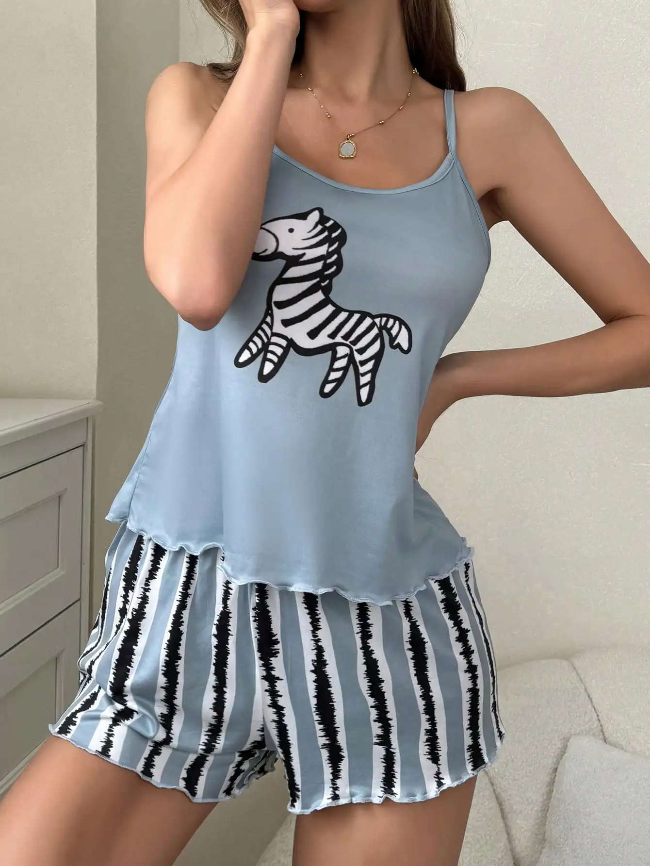 Women Pajamas Set Sleeveless Spaghetti Strap Top Zebra Print Allover Print Striped Shorts Summer Sleepwear Set Casual Loungewear