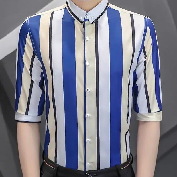  Stripes Men's Shirt Thin Short Sleeve Seven-Quarter Length Stylist Fashionable Summer Wear Slim Fit Youthful Trend