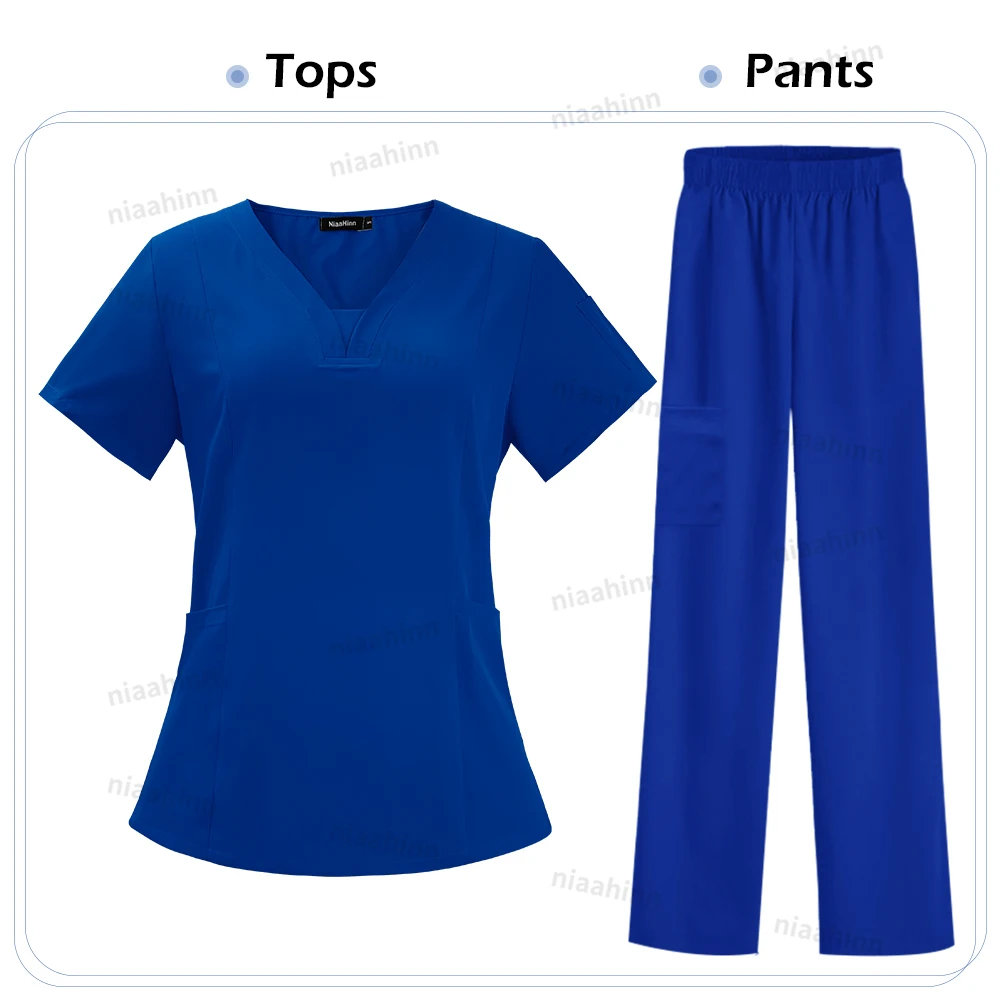 Dental Peeling T-shirt Mode Einfache Krankenschwester Uniform V-ausschnitt Kurzarm Top Jogger Hosen Klinik Jacke Pflege Zubehör Frauen – Detail 12