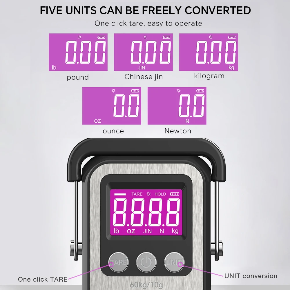 60 กก./10g LCD ตกปลาดิจิตอลขนาดแขวนแบบพกพาชาร์จอิเล็กทรอนิกส์ Hook Scale เครื่องชั่งน้ําหนักกระเป๋าเดินทางเครื่องชั่งน้ําหนัก