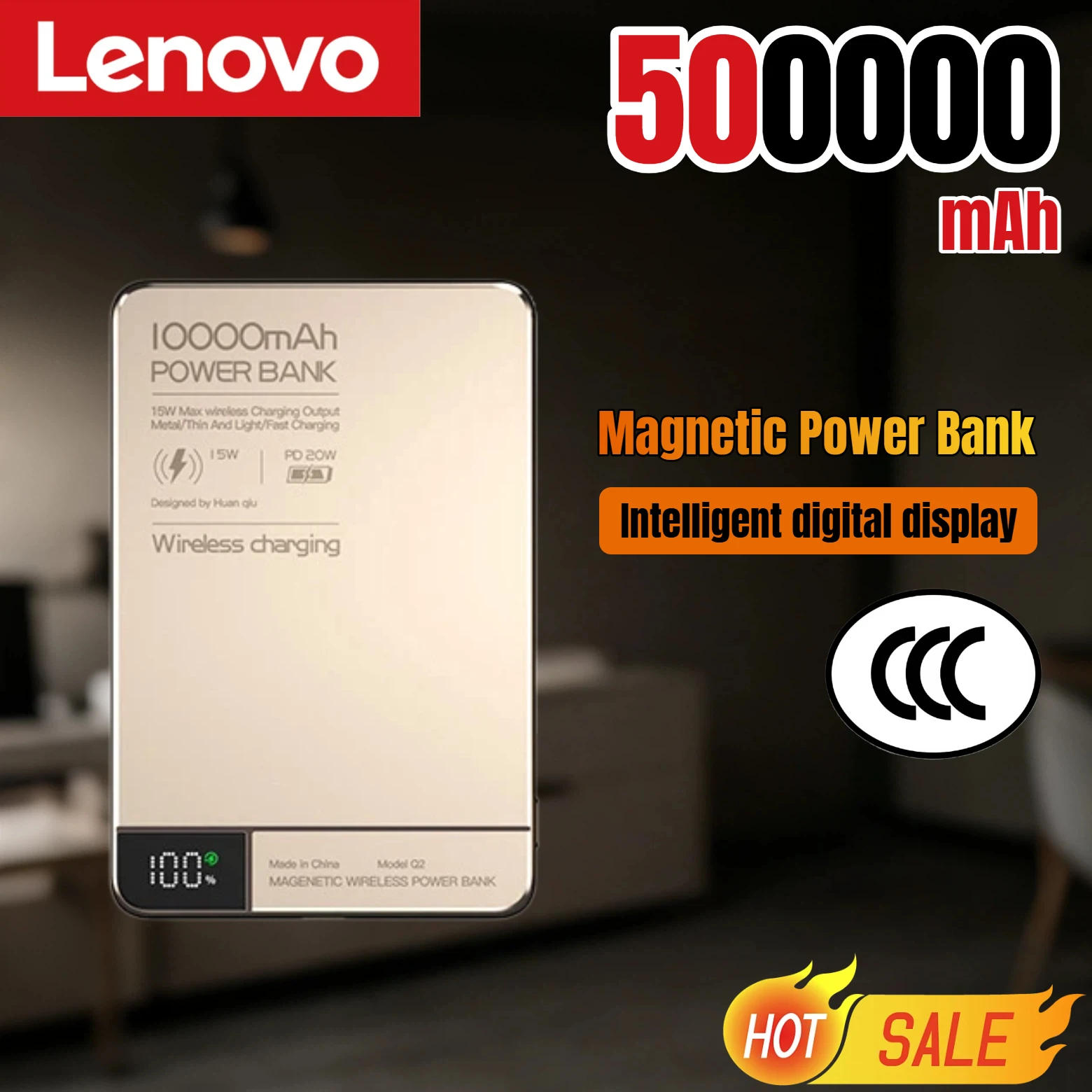 Bateria Externa Ultra-fina Lenovo 500000mAh com Display Digital Magnético Sem Fio, Carregamento Rápido, Compatível com Magsafe para iPhone