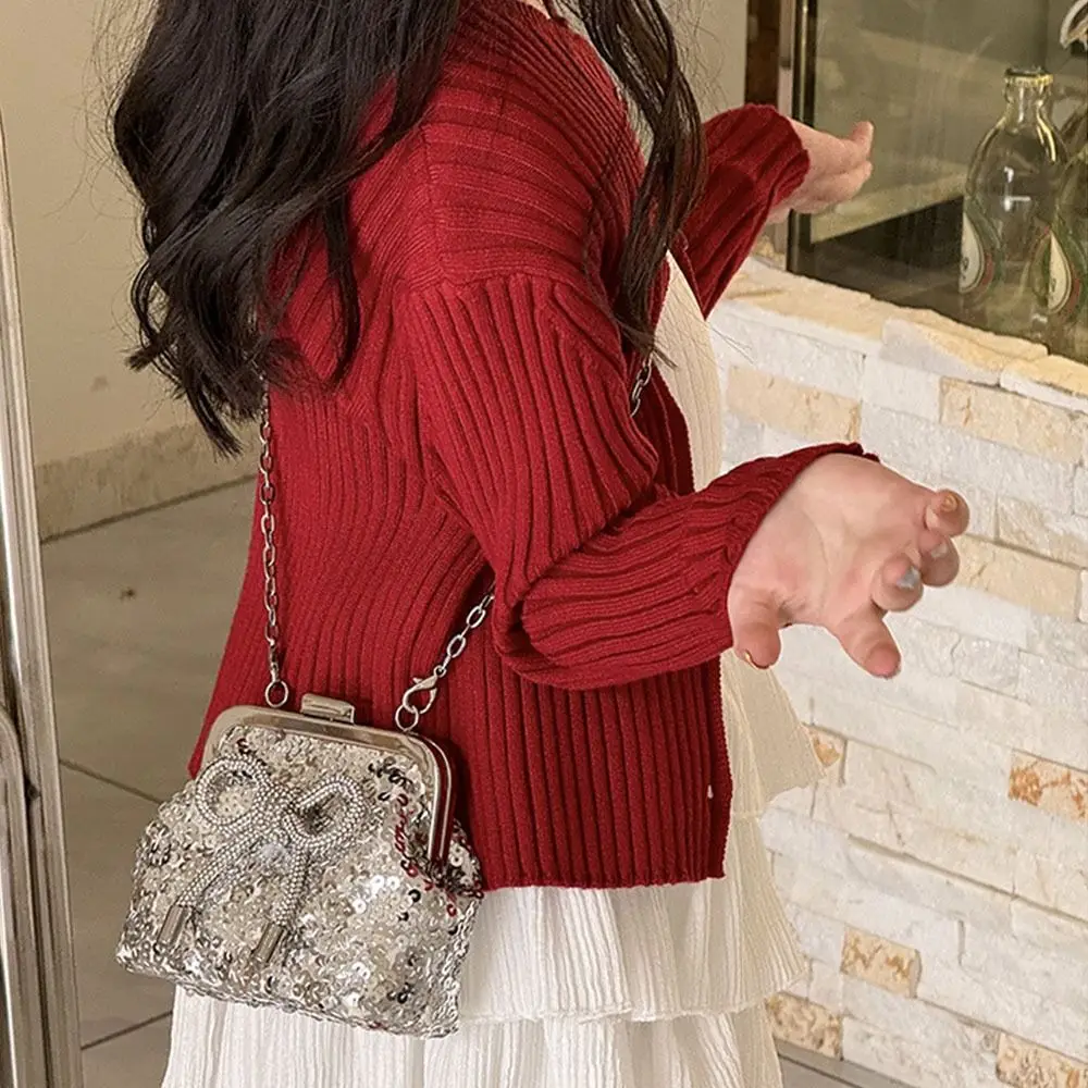 

New Kids Cross Body Bag Sequin Glitter Starry Bow Shoulder Bag Small Luxury Children Handbag Gifts